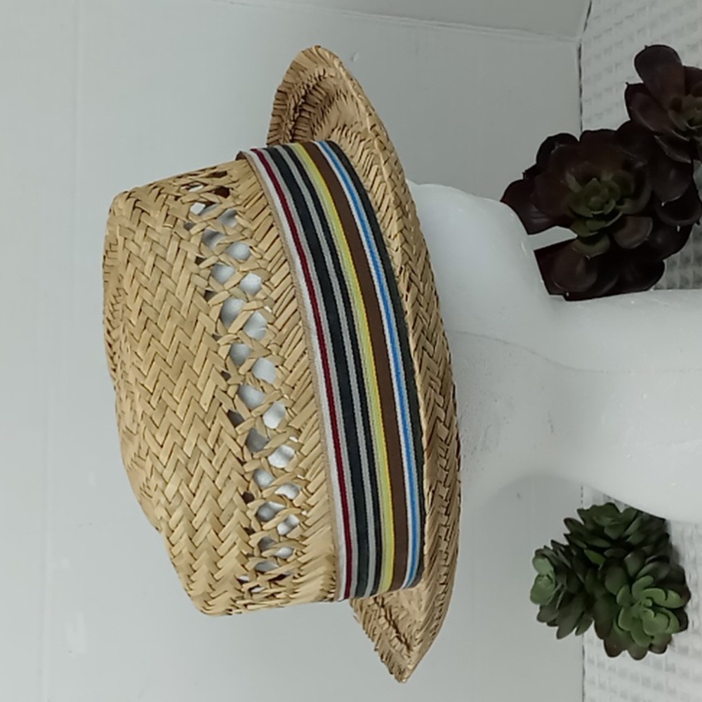 Peter Grimm Straw Pork Pie Hat w/Multi Color Crossgrain Band & Feather Accents - Picture 3 of 14